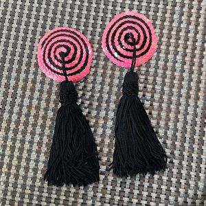 bubble gum pink and black swirl pasties nipple covers black tassel  burlesque